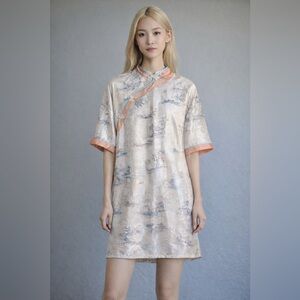 Loose-Fit Silk Satin Chinese Top with Scenic Embroidery (Size S, Never Worn)